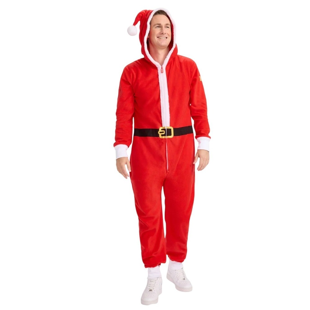 Tipsy Elves Mens‎ Santa Claus Hooded Onesie Jumpsuit Red Fleece Christmas Large